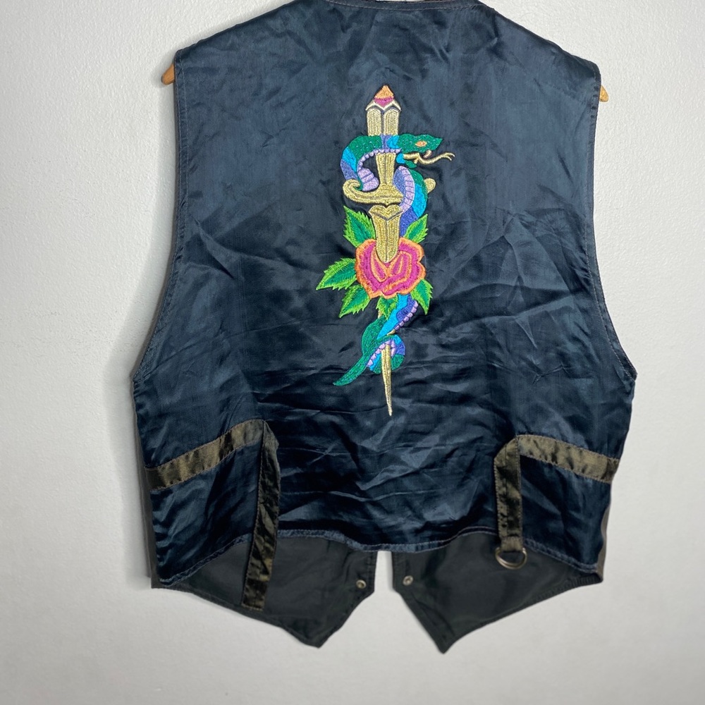 Vintage Biker Paragraff Vest Snake dagger Leather Silk Men’s Size Large Black